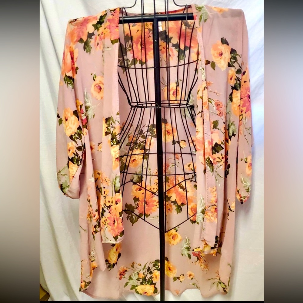 Vintage Shabby Chic Plus Size Floral Gauzy Bell Sleeve Kimono Blouse 2XL Sz 20